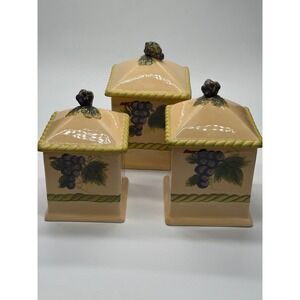 WCL Vintage Ceramic Grape Canister Set 3 Piece Tuscan Kitchen Decor Cream Purple